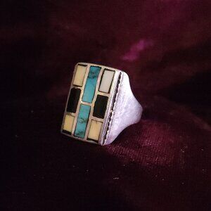 Native American Handmade Vintage Silver Mother of Pearl Onyx Turquoise Ring Sz11
